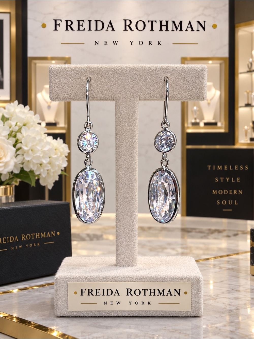Freida Rothman 925 Sterling Silver Clear CZ Oval Bezel Drop Earrings
